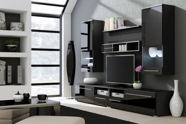 Дизайн корпусной чёрной мебели для гостиной 
