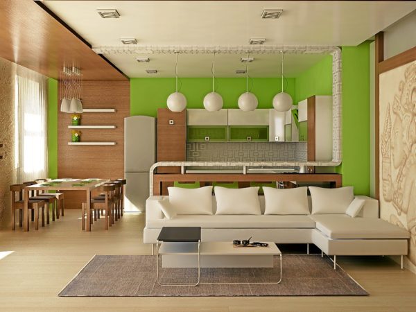 Салатовая кухня и белый диван в дизайне 