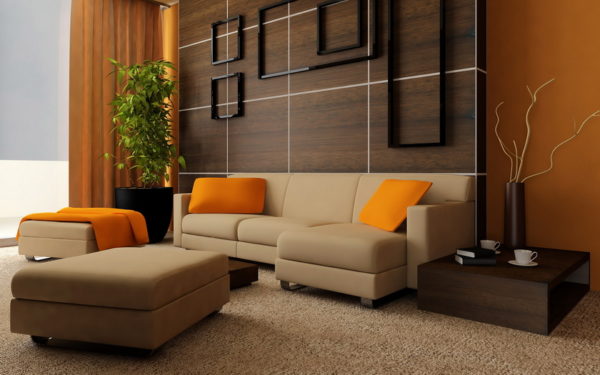 Фото бежевой мебели и оранжевого интерьера 