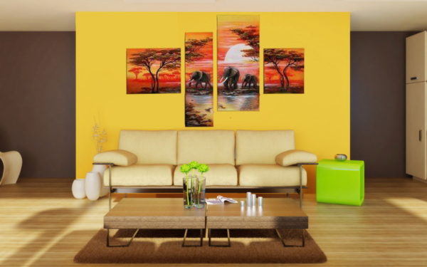 Модульная картина на жёлтом фоне в гостиной