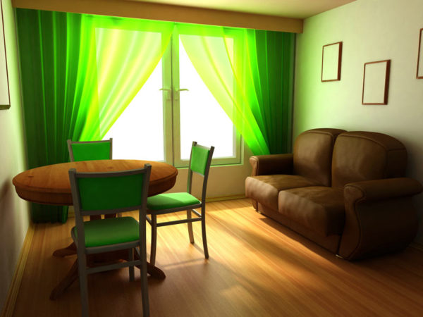 Небольшая гостиная с зелёными шторами 